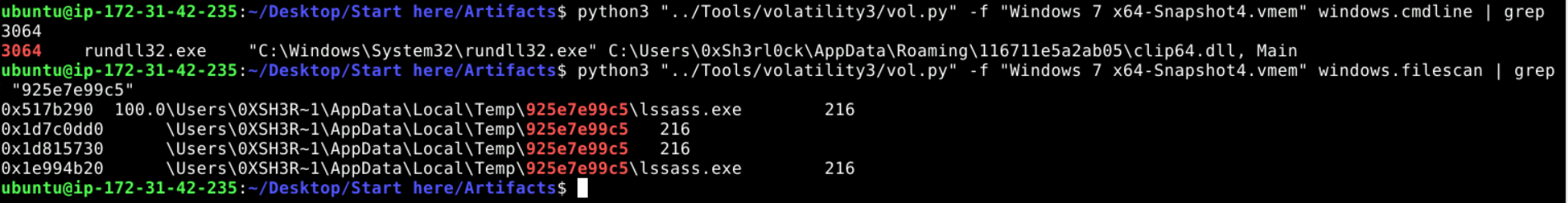 Volatility3 windows.cmdline showing PID 3064 rundll32.exe executing clip64.dll from C:\Users\0xSh3rl0ck\AppData\Roaming\116711e5a2ab05\clip64.dll, Main. Below it, windows.filescan results showing lssass.exe instances in the Temp directory.